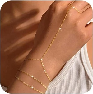 Moodear Sterling Silver Dainty Ring Bracelet Hand Chain for Women - 14K Gold...  - Picture 1 of 8