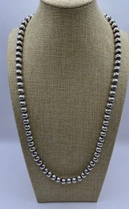 VTG 925 STERLING SILVER 8 MM BEAD NECKLACE ON CHAIN 24” Shepherd Hook Closure - Picture 1 of 8