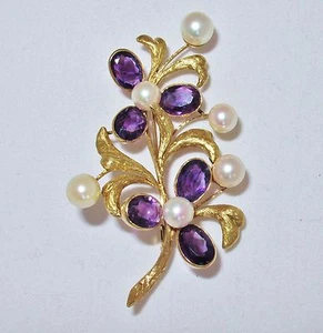 2,9" Antik oder Vintage 18K Gold Brosche Anstecknadel mit Amethyst & Perlen (19,9 Gramm) - Bild 1 von 12