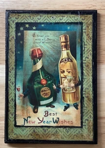New Year Wishes 5" by 7" Wooden Plaque, Vintage Decoupage Wood Wall Art - Picture 1 of 4