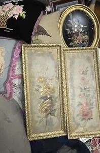 Victorian Era Pair Pink Yellow-roses painted original oil PAINTING floral 27x11” - Picture 1 of 8