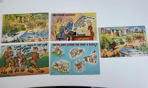 LOTE DE (5) POSTALES CÓMICAS DE LA SEGUNDA GUERRA MUNDIAL EJÉRCITO DE LINO CT Curt Teich - Imagen 1 de 2