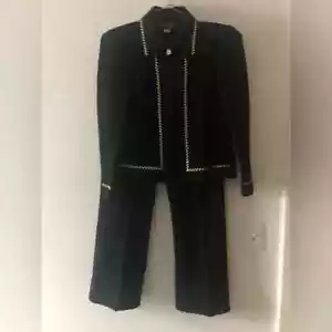 St. John Knit 2 Piece Pant Suit Jacket Set Leather Accents in Black Size 2 - Picture 1 of 16