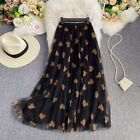 Lady Heart Pattern Sheer Layered Long Skirt Mesh Pleated Tulle Tutu Dress Casual