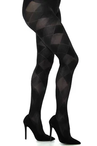 Black Soft Sexy Opaque Check Diamonds Pattern Tights Brigitte 60 den - Picture 1 of 4