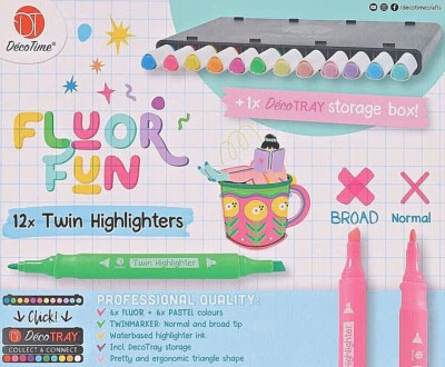 12 Twin Textmarker Highlighter doppelseitige Marker 6x Fluor 6x Pastell Farben - Bild 1 von 4