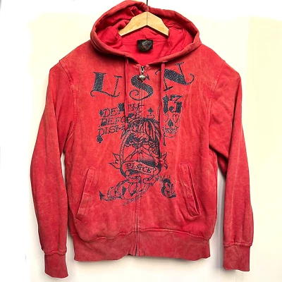 Ed Hardy 女式棉质桃色连帽衫全拉链天鹅绒长袖运动衫 L 码 — 第 1/4 张图片