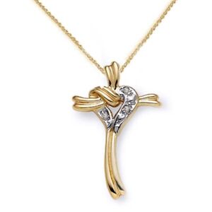 Round Diamond Heart Cross Knot Pendant With 18" Chain Solid 14K Gold Yellow Gold