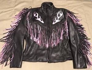 Womens Black Leather Purple Fringe Flame Motocycle Jacket Size Medium - Picture 1 of 9