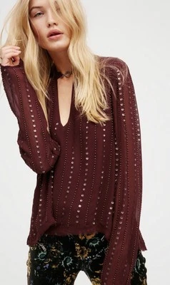 Free People NWT $168 Women’s 'Young Love' Embellished Beaded Blouse Plum Large - Image 1 of 4
