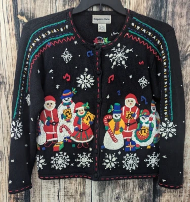 Vintage Christmas Cardigan Sweater Womans S Embroidered Santa Snowman Snowflake - Image 1 of 4