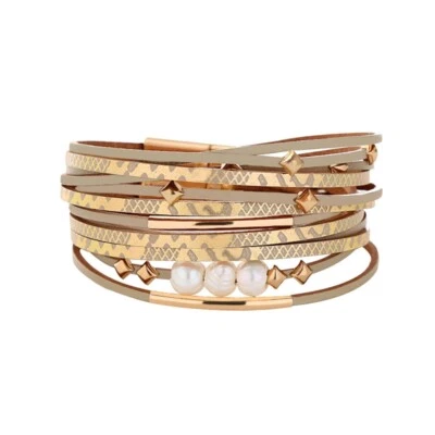 Pulseras de cuero con perlas de agua dulce multicapa brazalete envolvente hebilla magnética joyería Foto 1 de 4