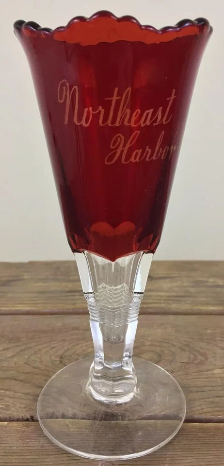 Antique Northeast Harbor Maine Souvenir EAPG Ruby Red Flashed Glass Vase 6.25” - Image 1 of 4