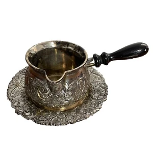 Repousse Silver Plate Dipper Sauce Dish With Underplate Wooden Handle Flowers - Picture 1 of 12