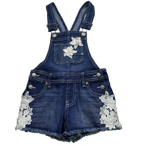 Jordache Girls Overalls Shorts XS (4-5) Lace Flowers Adjustable Denim Blue Jean - Picture 1 of 11