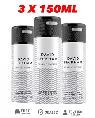 3 x David Beckham Classic Homme Deodorant Body Spray 150ml Men Fresh Scent