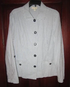 Appleseed's L Shirt Jacket Top Seersucker Striped Cotton Blue White Roll Tab Slv - Picture 1 of 3