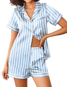 Womens Silk Satin Pajamas Sets 2 Piece Short Sleeve Sleepwear Button Down Top... - Picture 1 of 5