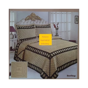 Damaskus Plüsch Luxus Tagesdecke Quilt mit 3D Stickerei Vintage Royal Gold De - Bild 1 von 7