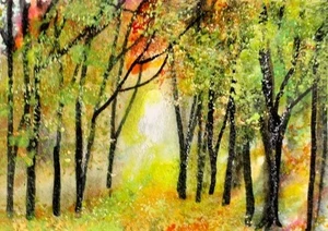 ACEO Original Painting TREE Autumn Leaves Landscape FALL Sun Seasonal ATC ART - Picture 1 of 1