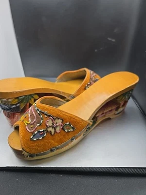 Hand Carved Wooden Bakya Sandals WWII Phillipines Wedge Heel 1940s Clogs Beaded  - Image 1 of 4