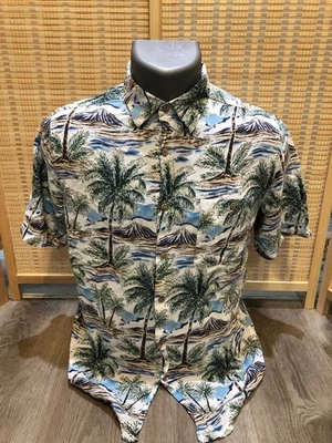 Campia Moda Hawaiian Button Up Shirt White with Palm Trees Medium 100% Rayon 433 - Image 1 of 4