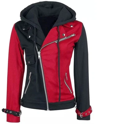Women's Psychotic Harley Quinn Red & Black Biker Wool Hoodie Jacket Men & Women - Image 1 of 3