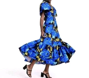 NUEVO Maxi Vestido Christopher John Rogers Target Talla 0 XS Azul Floral Puff en Niveles - Imagen 1 de 12