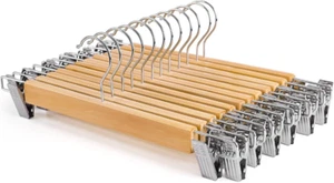 12 Pack Wooden Pants Hangers with Clips Non Slip Skirt Hangers Trouser Natural - Picture 1 of 9