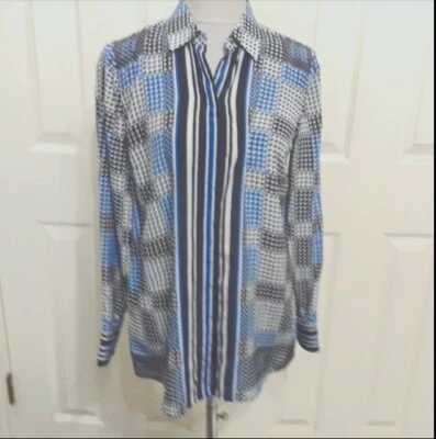 Blusa para mujer Robert Graham S azul negra Op Art a rayas geométricas de seda Foto 1 de 4