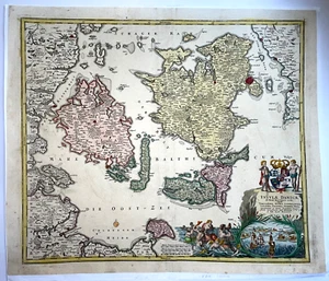 DENMARK ISLANDS JB HOMANN 1720 LARGE ANTIQUE COPPER ENGRAVED MAP 18TH CENTURY - Picture 1 of 10