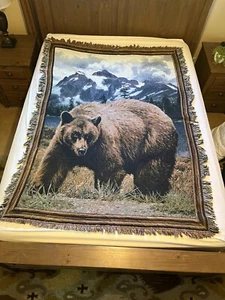 Grizzly Bear Tapestry Fringe Afghan/Throw W/Tags USA Made Vintage 49X68 - Picture 1 of 6