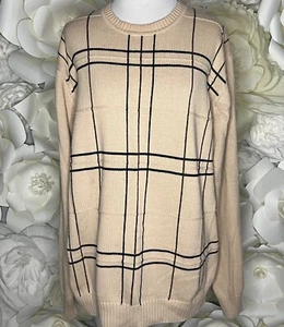 VINTAGE MENS SWEATER DAVID TAYLOR COLLECTION LARGE CREW BEIGE BLACK CROSS STRIPE - Picture 1 of 6