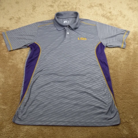 LSU Tigers Polo Shirt Adult Large Gray Purple Russell Football Mens 7.1* Cover