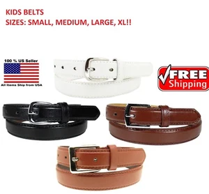 KIDS CHILDREN STITCHED LEATHER BELT Silver Belt Buckle Boys Sizes S M L XL - Picture 1 of 10