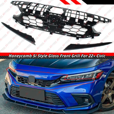 FOR 2022-2024 HONDA CIVIC 4DR SEDAN Si STYLE HONEYCOMB GLOSS BLACK FRONT GRILLE - Image 1 of 4