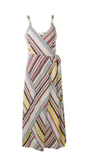 NUOVO abito avvolgente Tory Burch impreziosito a righe midi neutro XL #D6341