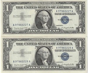 U S 2 $1 Dollar Silver Banknotes Consecutive# 1957 Choice Unc-63 Grade Fr#1620 - Picture 1 of 2