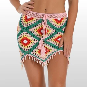Minifalda asimétrica pastilla playa ganchillo con borla tejido conchas borla - Imagen 1 de 6