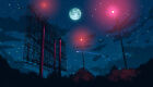 Anime moon street light night sky stars digital art Play Gaming Mat Desk