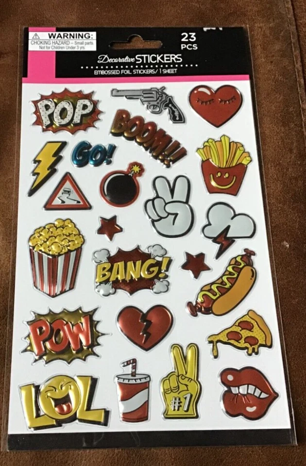 DECORATIVE EMBOSSED FOIL STICKERS 1970'S THEME FOOD POW BANG LIPS * - Image 1 of 1
