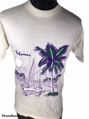 Vtg 80 90's ULTRA THIN Bahamas Purple Puff PAINT Tropical Island Sailing T Shirt - Image 1 of 4