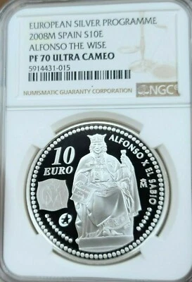 ESPAÑA PLATA 2008 10 EUROS ALFONSO THE WISE NGC PF 70 ultra camafeo perfecto pop 1 Foto 1 de 4