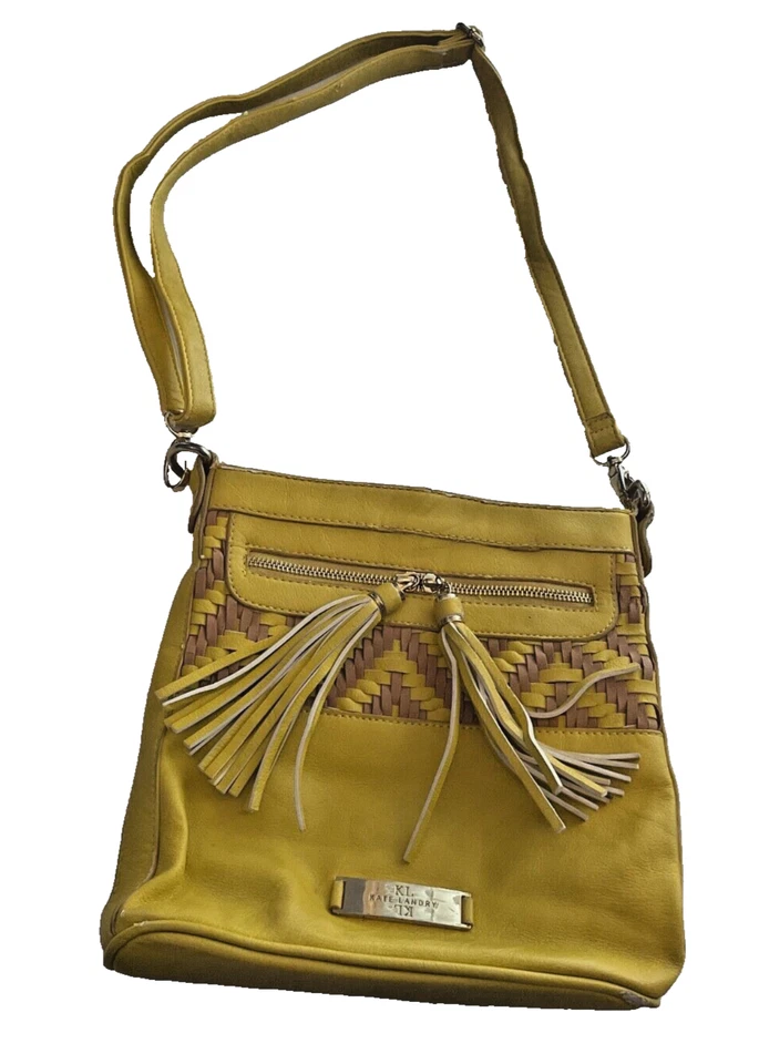 KATE LANDRY Dorado Amarillo Imitación Cuero Ajustable Cartera Flecos Borlas Cremallera Foto 1 de 4