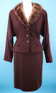 VTG Women's 50s 2 Pc Brown Fur Collar Jacket & Skirt Set Sz M 1950s Dress Suit - Picture 1 of 23