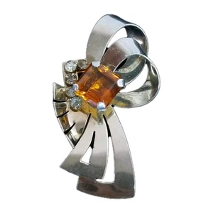 Sterling Silver Ribbon Brooch Square Topaz Rhinestone Center Vintage 3" BIG! - Picture 1 of 7