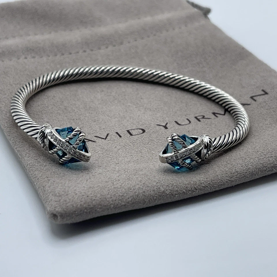David Yurman 925 Sterling Silver 4mm Cable Wrap Blue Topaz and Diamond Bracelet - Image 1 of 4