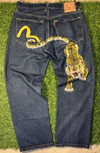 EVISU Rare Denim Pants Embroidered Tiger Kanji Indigo Blue Size 36x30 Y2K CRAZY - Bild 1 von 12