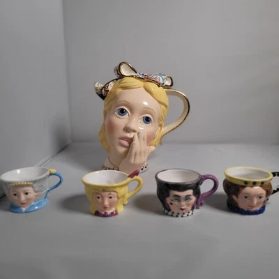 8" English Paul Cardew Disney Alice In Wonderland Tea Pot Large Head W/  4 cups - Image 1 of 4