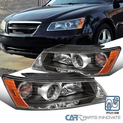 Fits 2006-2008 Hyundai Sonata Black Projector Headlights Lamps Assembly L+R Pair - Image 1 of 4